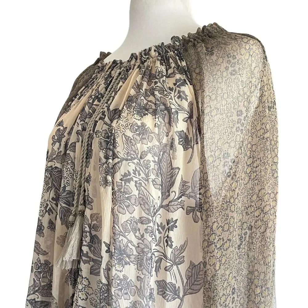 Free People Hendrix Blouse Peasant SemiSheer Boho Festival SIZE XS Floral Tassel